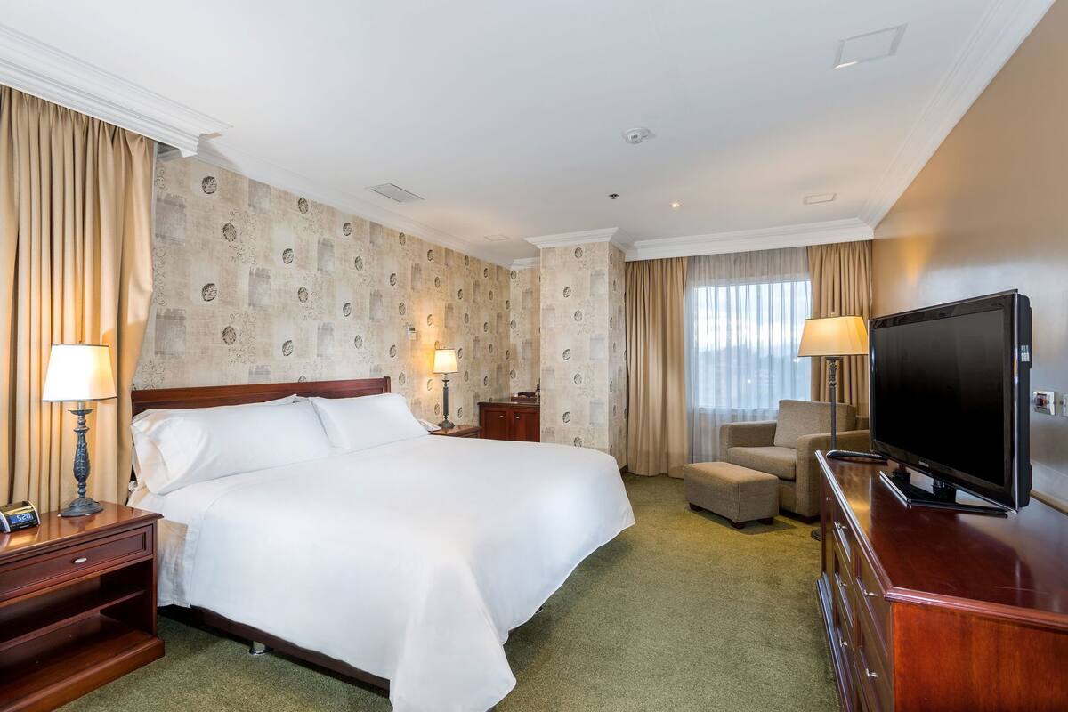Una habitación de hotel con una cama grande, televisión, escritorio y una silla.