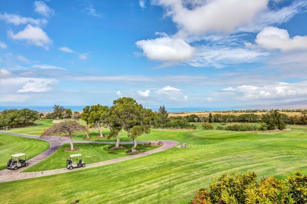 A golf course with well-maintained fairways and greens, a clear sky, and a few trees. - Amazing Ocean and Mountain Views! (Waikoloa Village)