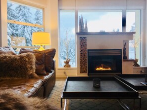 Smart TV, fireplace, books, stereo