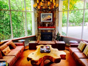 Smart-TV, Kamin, Bücher, Stereoanlage