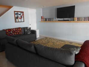 TV, video games, DVD player, video library
