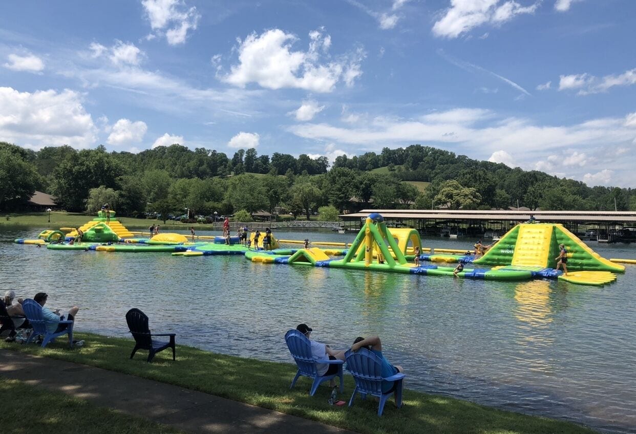 Inflatable obstacle course on Lake Chatugue.