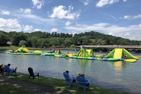 Inflatable obstacle course on Lake Chatugue.