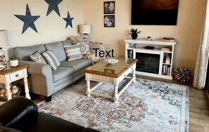 Smart TV, chimenea, reproductor de DVD y libros 