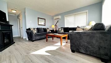 Smart-tv, een open haard, een dvd-speler en boeken