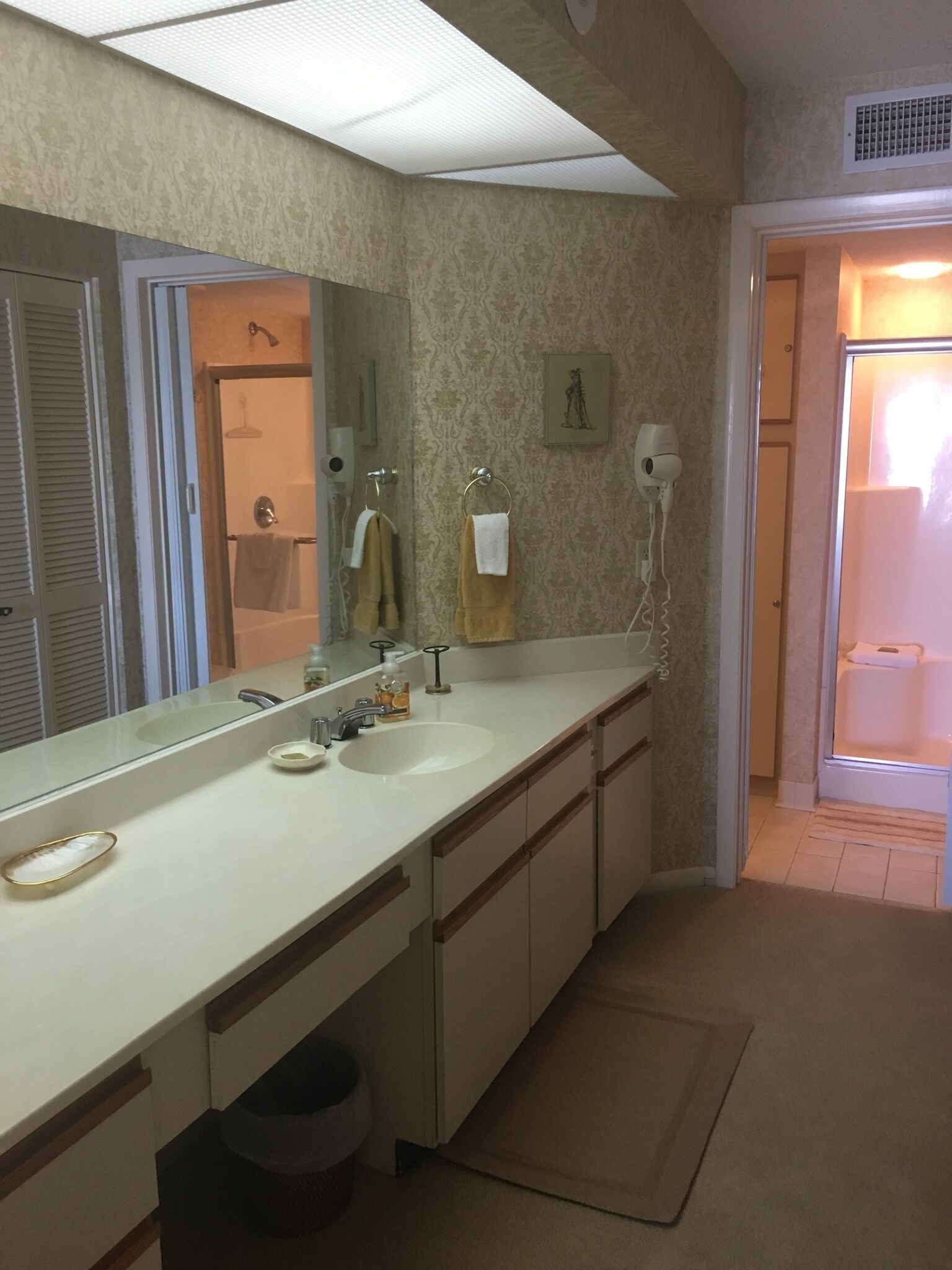 A bathroom with a double sink, a large mirror, a towel rack, a hairdryer, and a shower area.