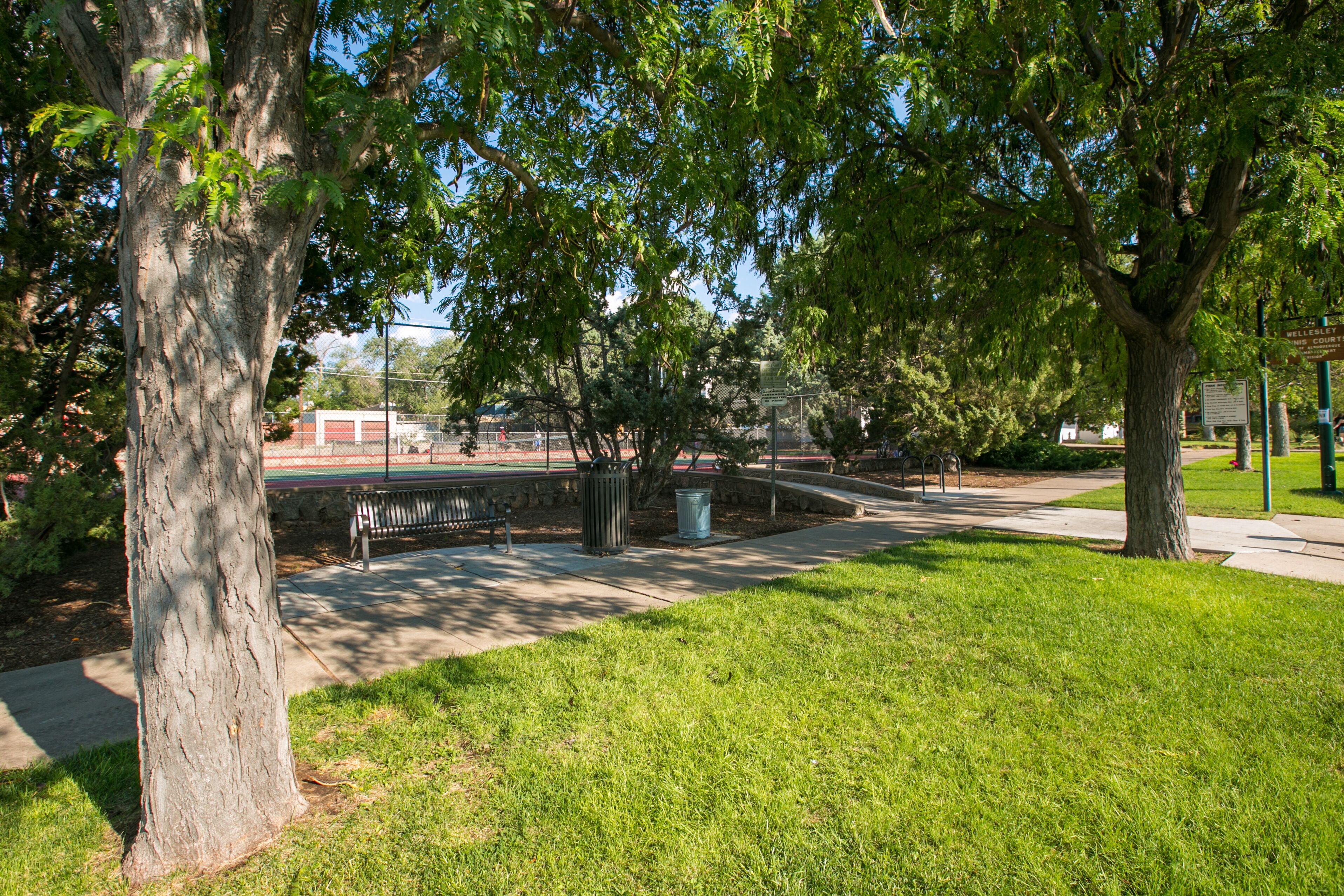 Un parc avec un chemin pavé, des bancs et une poubelle.