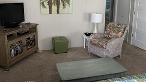 Un salon comprenant une télévision, un ventilateur de plafond, un tableau représentant des palmiers, un fauteuil en osier et un canapé à rayures.