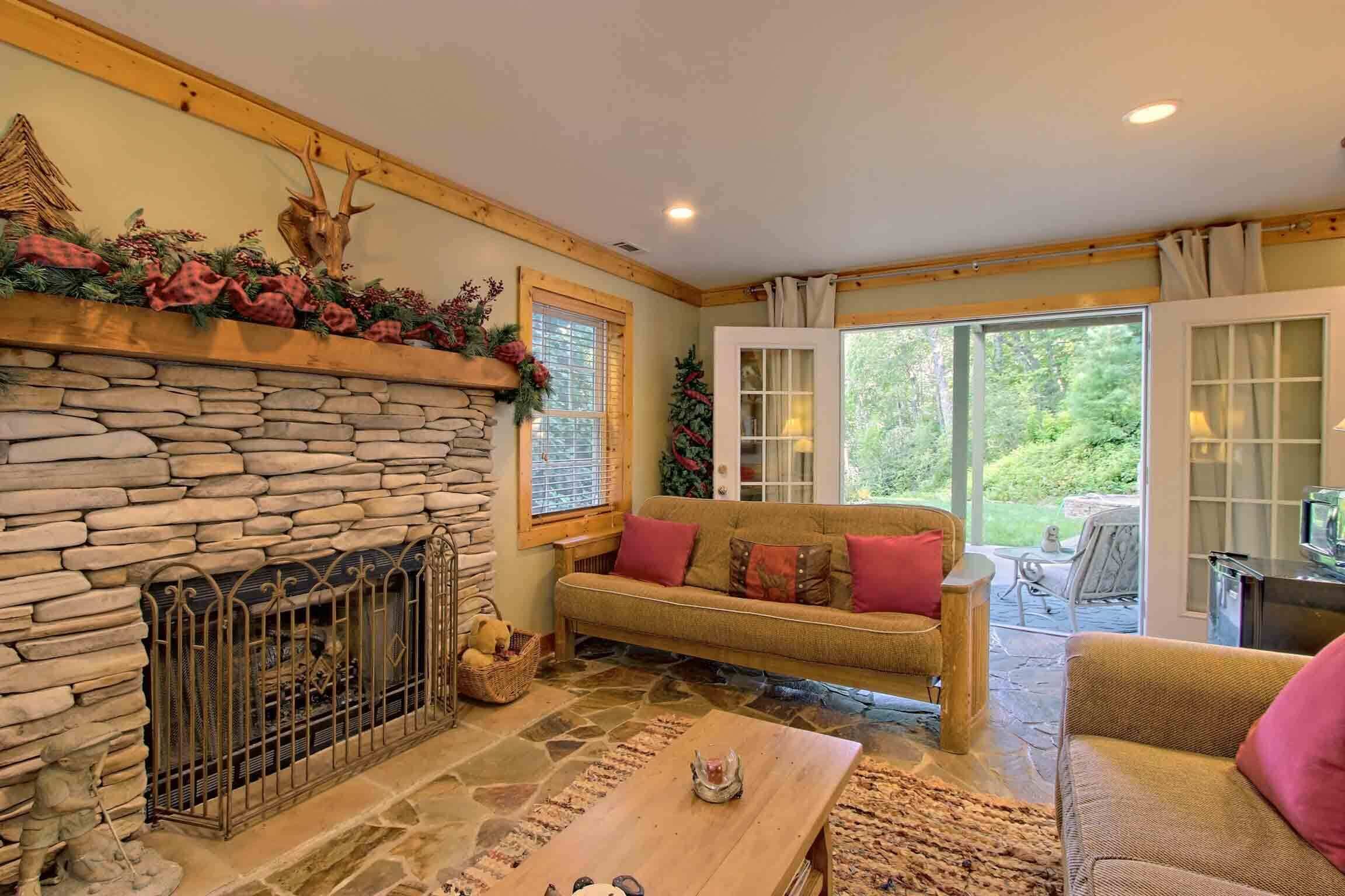 Smart TV, caminetto, lettore DVD, libri