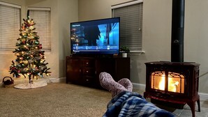 Un saló acollidor amb un arbre de Nadal, una televisió i una estufa de llenya.