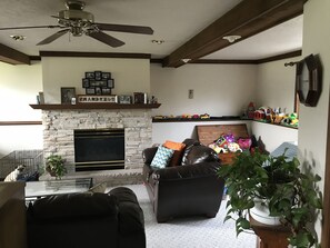 Télévision, cheminée, lecteur de DVD, chaßne hi-fi