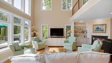 Smart TV, chimenea, reproductor de DVD y libros