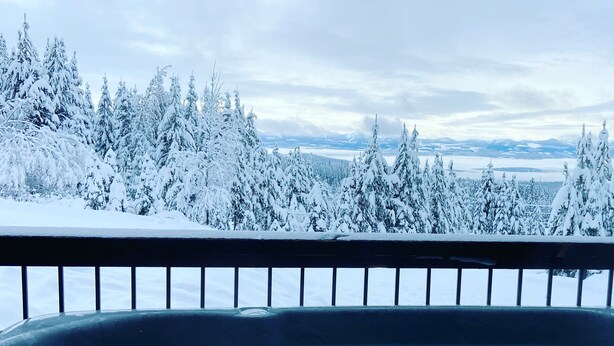 A hot tub with a view of snow-covered trees and a distant mountain range.