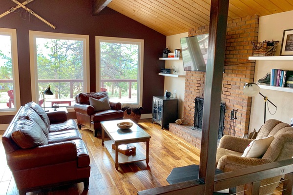 Open Living Room with wood burning fireplace