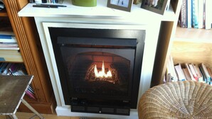 Una chimenea con fuego, una estantería con libros y un sillón de mimbre.