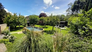 Un jardin à l’arrière de la maison, avec une piscine, entouré d’une végétation luxuriante et d’arbres.