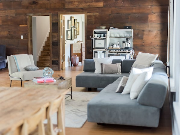 Smart TV, fireplace, books