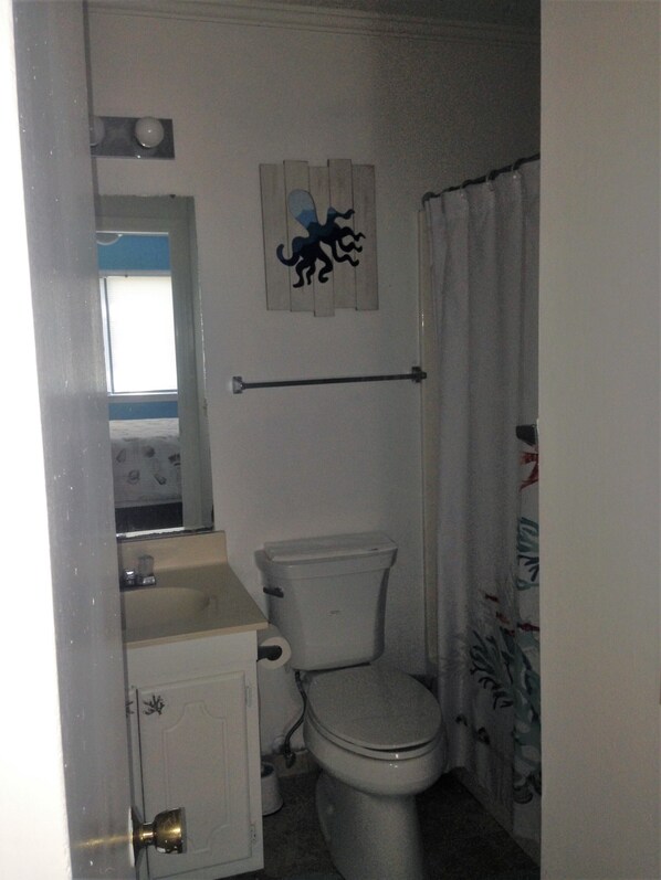 A small bathroom with a toilet, sink, and a mirror.