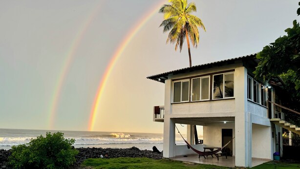 Une maison moderne dotée d’un grand balcon donnant sur l’océan, d’un hamac et d’un palmier.