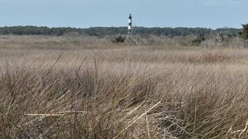 A lighthouse in a grassy field with a clear sky.