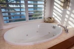 Bathtub, hair dryer, towels, toilet paper