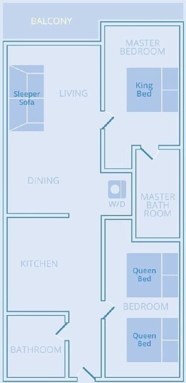 A floor plan with a balcony, master bedroom, king bed, master bathroom, queen bed, bedroom, bathroom, kitchen, dining area, and a sleeper sofa.