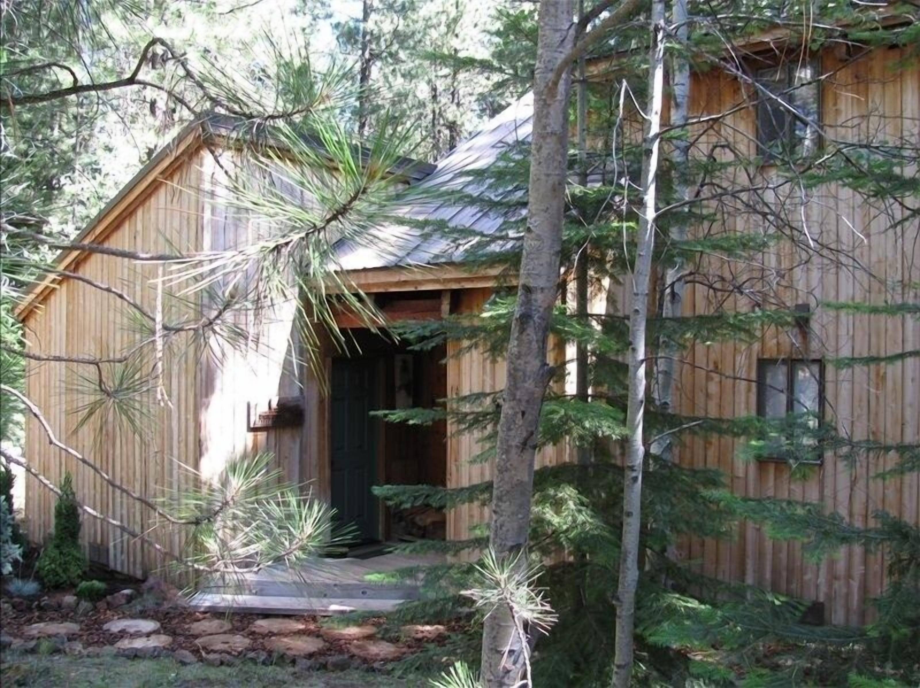 A rustic wooden cabin with a metal roof, surrounded by pine trees and a stone pathway.