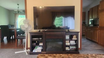 Smart-tv, een open haard, een dvd-speler en boeken