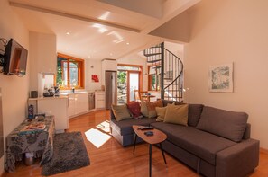 Smart TV, chimenea, libros y estéreo 