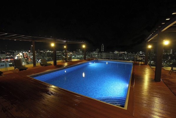 Outdoor pool, open 8:00 AM to 9:00 PM, sun loungers