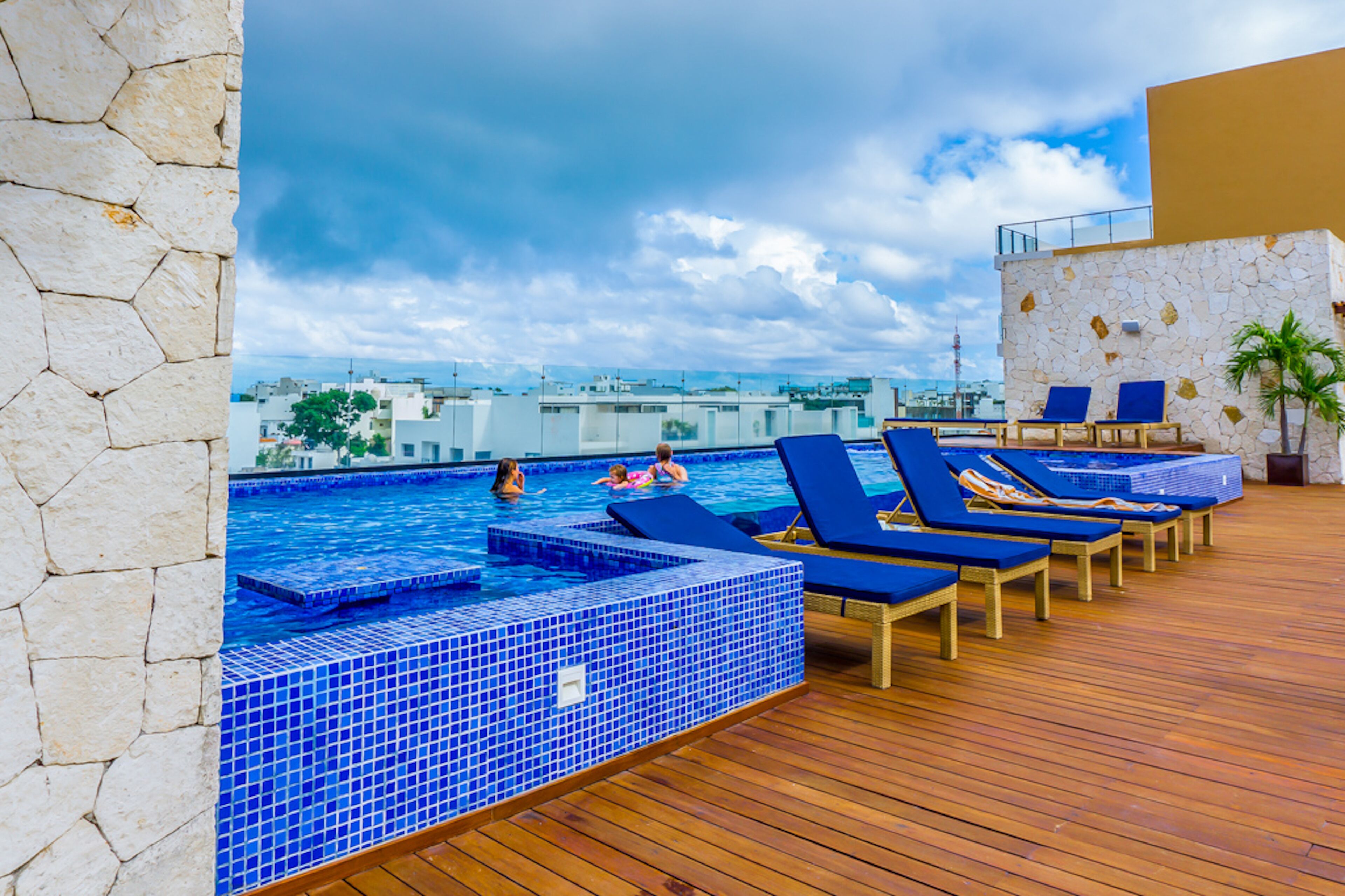 Outdoor pool, pool umbrellas, pool loungers