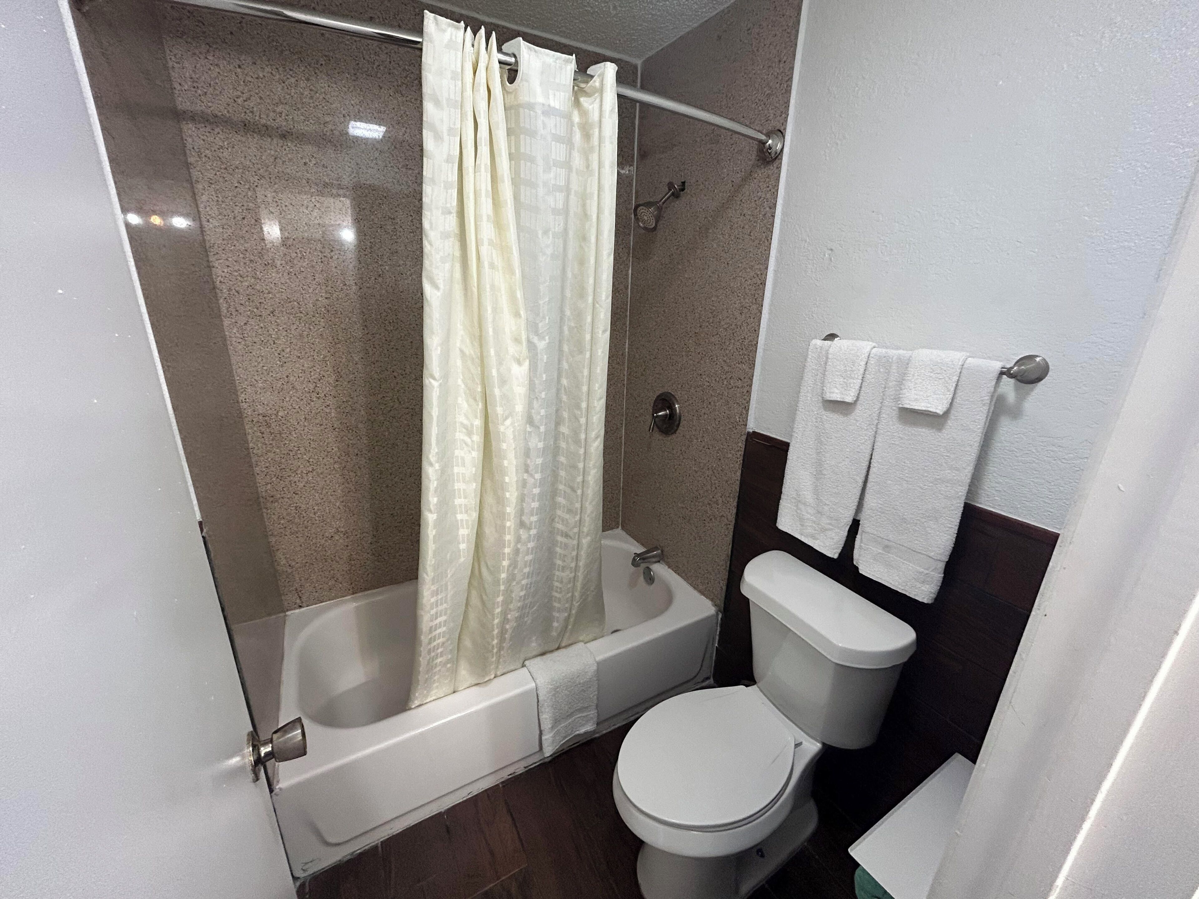 Un bagno con vasca, servizi igienici e tenda da doccia.