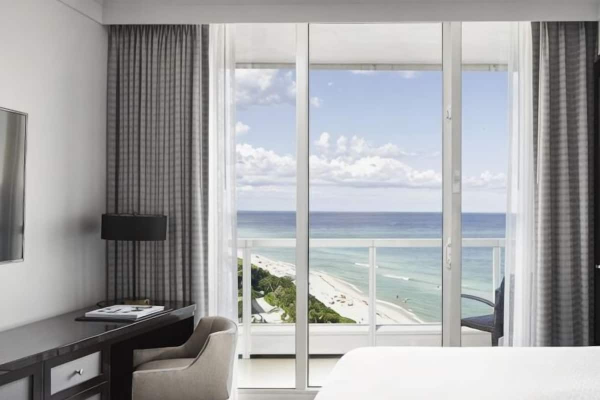 A hotel room with a large sliding glass door to the beach, a desk, and a chair.