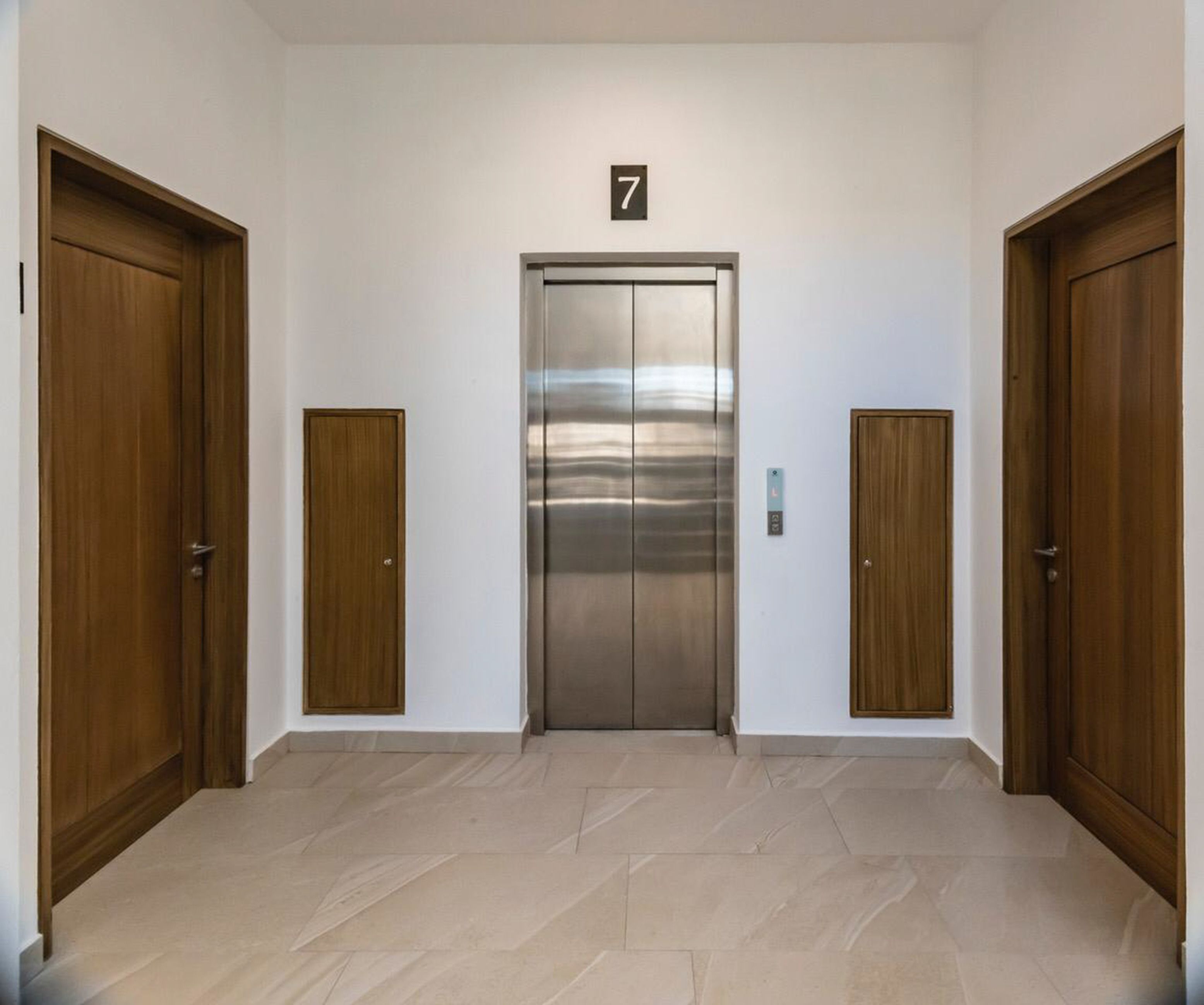 A hallway with a central elevator marked with the number 7, flanked by wooden doors and a light-colored tiled floor.