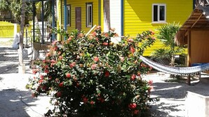 A yellow building with a blue roof, surrounded by palm trees and a flowering bush.