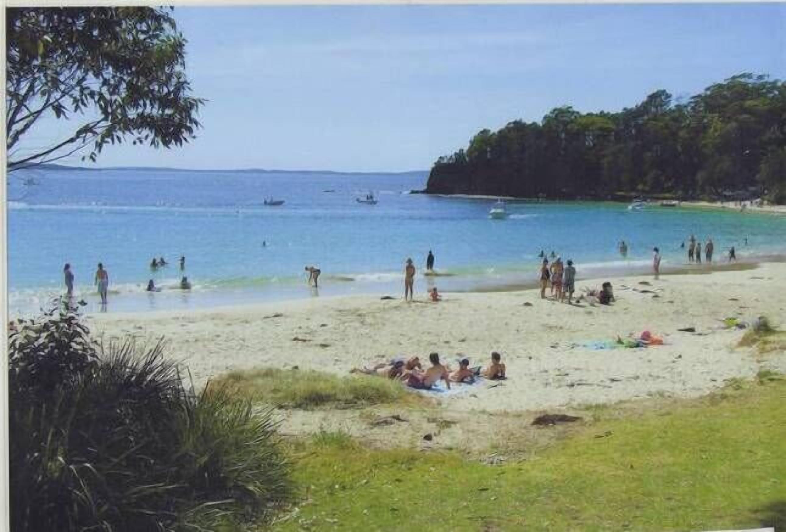 A beach with people swimming and relaxing.