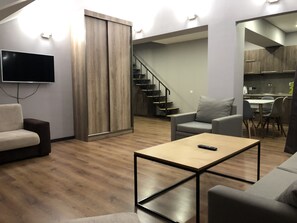 Fernseher, DVD-Player, Bücher, Musikbibliothek