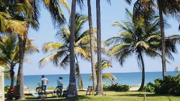 靠近海滩、沙滩椅、沙滩毛巾