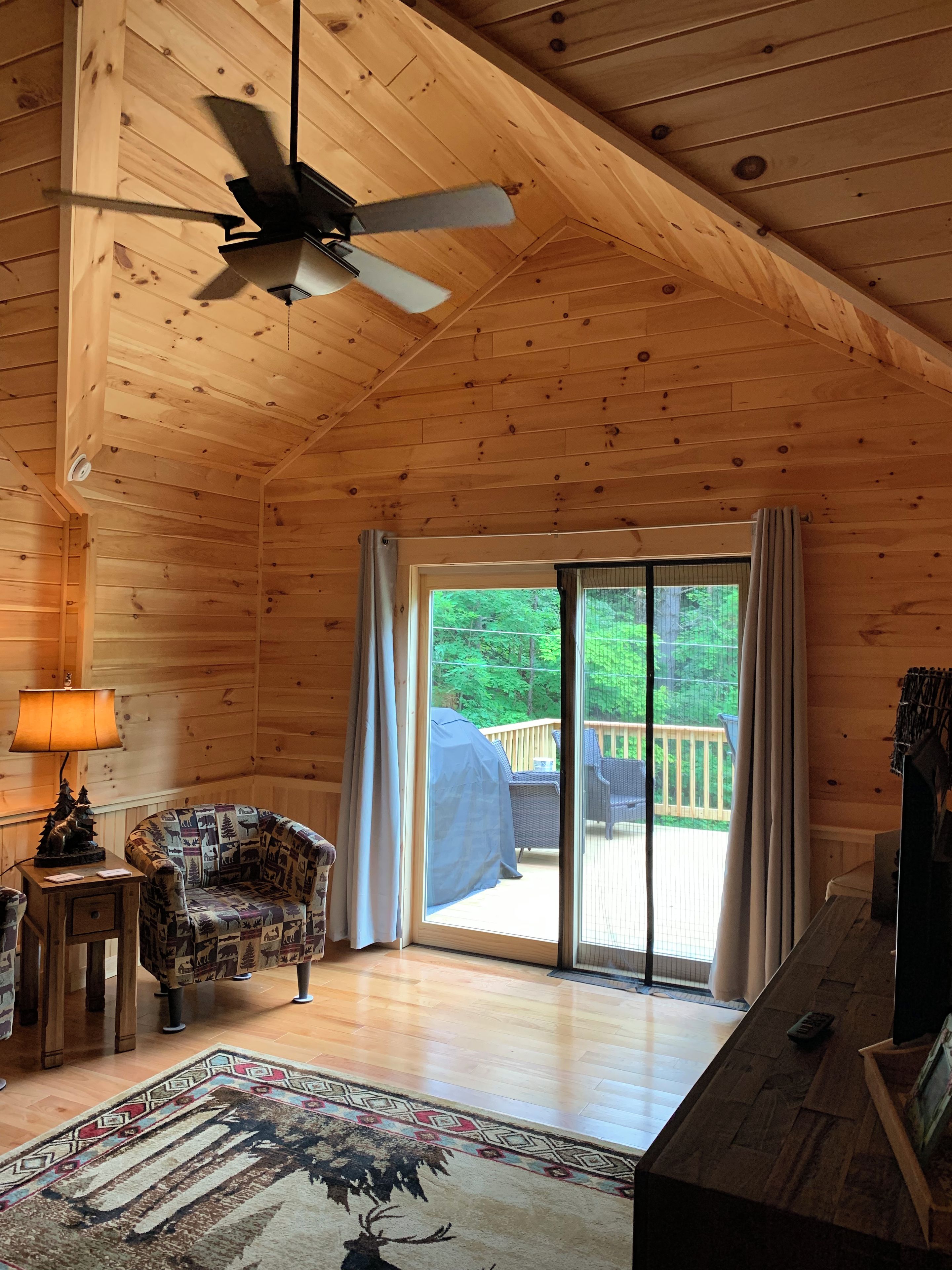 A wooden cabin interior with a ceiling fan, a sofa, a table with a lamp, and a view of the outdoors through a sliding door.
