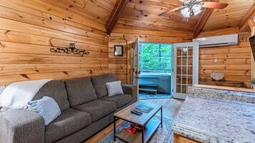 Tv, eldstad, dvd-spelare och en stereo