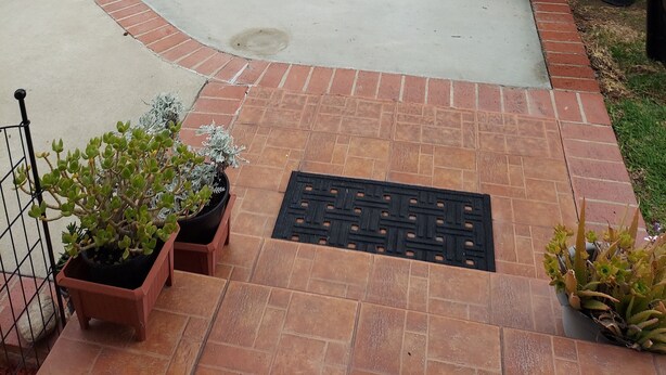 Een oprit met een betonnen pad, planten in potten en een metalen hek.
