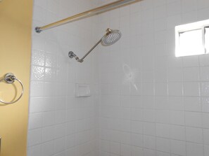 Bañera con ducha, secador de pelo, toallas, jabón