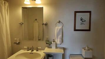 Ein Badezimmer mit Waschbecken, Spiegel, Handtuchhalter und einem gerahmten Bild an der Wand.