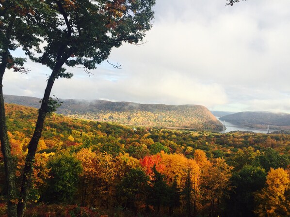 Paesaggio montuoso con autunno e un fiume.