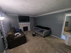 Smart TV, fireplace, video games, DVD player