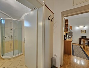 Dusche, Haartrockner, Handtücher, Seife