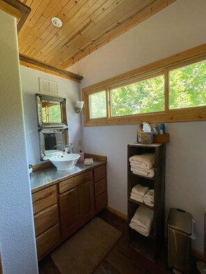 Regadera, secadora de cabello, toallas, jabón 