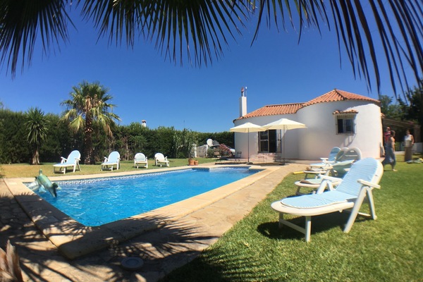 Lawns either side of the pool with house behind