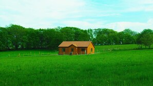 Una piccola casa di legno con tetto in tegole in un campo verde.