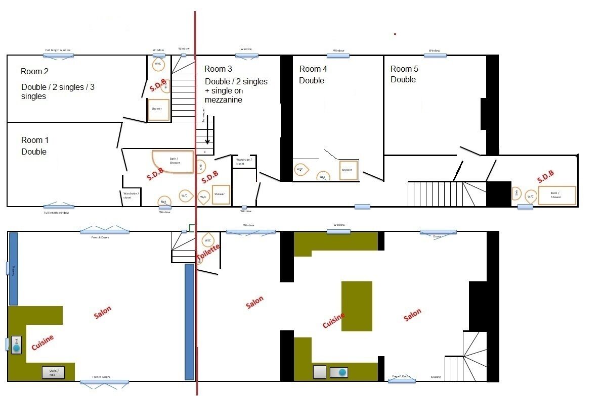 A hotel floor plan with five rooms, a salon, and a cuisine area.